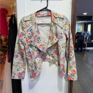 Floral Cropped Moto Jacket - Cream Pink Floral